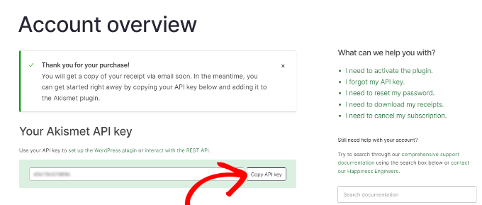Enter the confirmation code Copy the akistmet API key