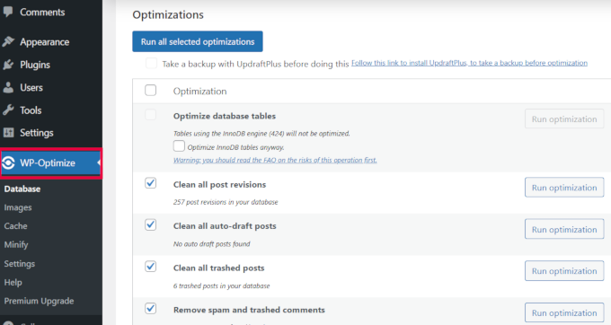 WP-Optimize settings WP-Optimize settings