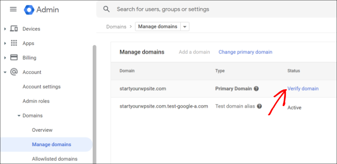 Verify domain from manage domains settings Verify domain from manage domains settings