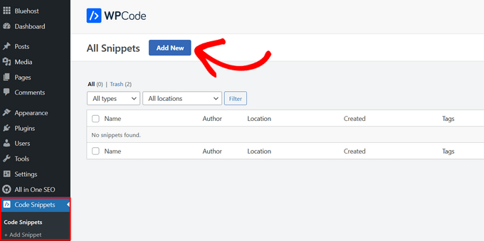 点击 WPCode 的“Add New Snippet” 点击 WPCode 的“Add New Snippet”
