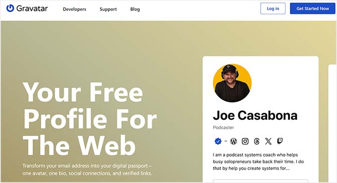 点击 Gravatar 网站的 Get Started Now 按钮