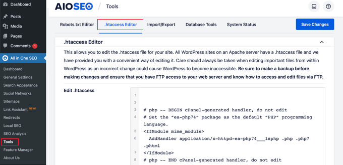 使用 All in One SEO 编辑 .htaccess 文件 使用 All in One SEO 编辑 .htaccess 文件