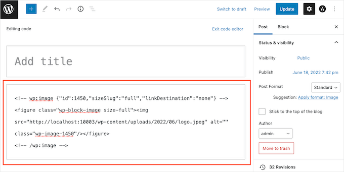 WordPress 代码编辑器中的 wp:image 字符串
