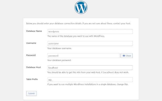 安装过程中的 WordPress 数据库设置 安装过程中的 WordPress 数据库设置