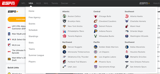 ESPN 网站菜单中的主题示例