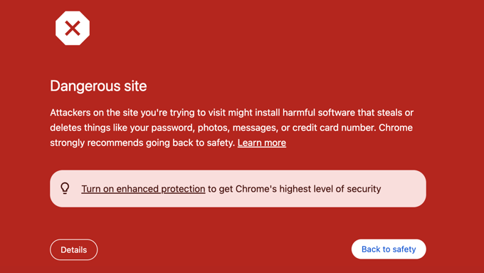 Google Chrome 中显示的危险网站警告