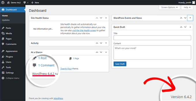 管理后台仪表盘中的 WordPress 版本