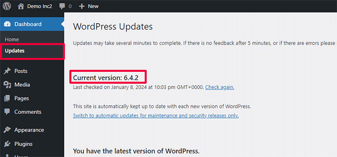 通过更新页面查看当前 WordPress 版本