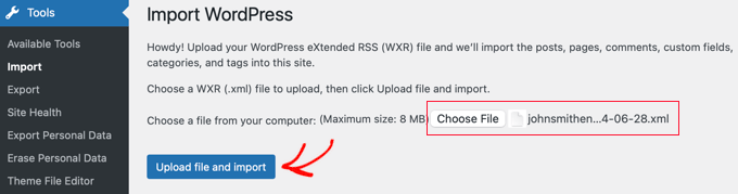 上传 WordPress 导入文件