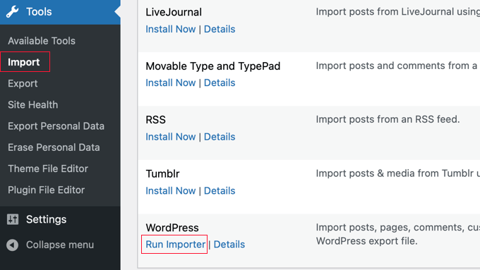运行 WordPress 导入器