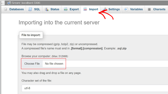 在 phpMyAdmin 面板中导入数据库
