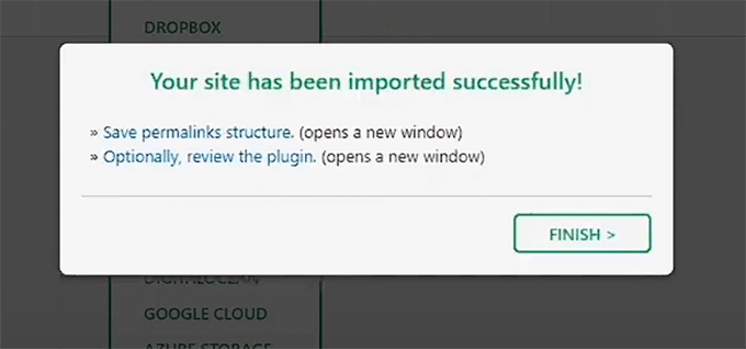 All-in-One WP Migration 恢复成功消息