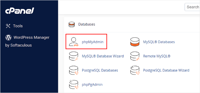 在cPanel中选择phpMyAdmin