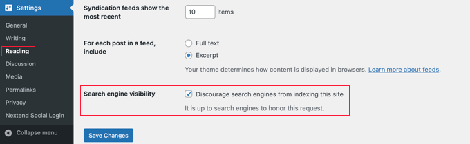 WordPress 中的搜索引擎可见性设置 使用内置的“阻止搜索引擎索引”设置