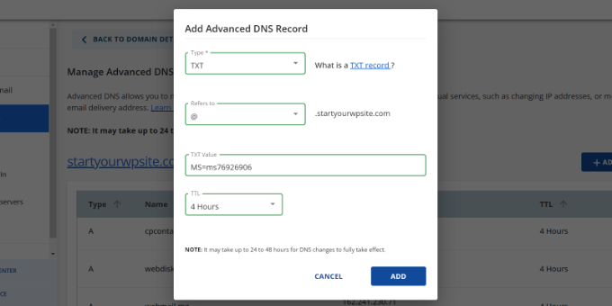 添加 DNS 记录 输入 TXT 记录详情