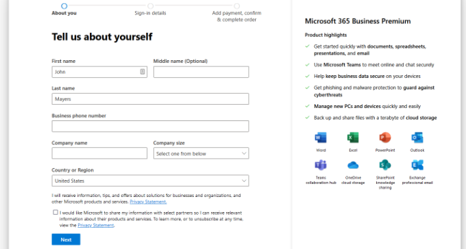 Office 365 注册 输入你的个人信息