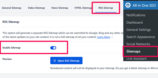 All in One SEO 中的 RSS 站点地图 All in One SEO 中的 RSS 站点地图