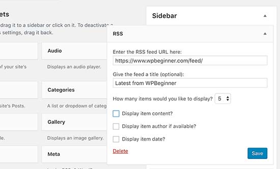 添加 RSS 小工具 添加 RSS 小工具