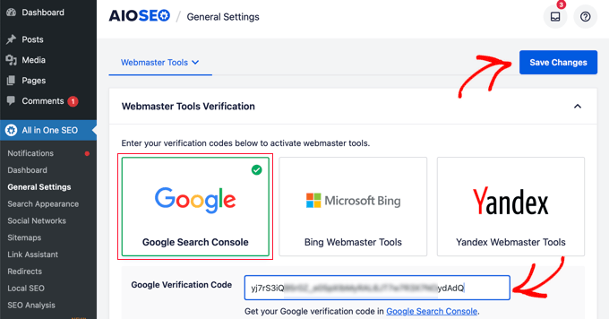 在AIOSEO中设置站长工具验证代码