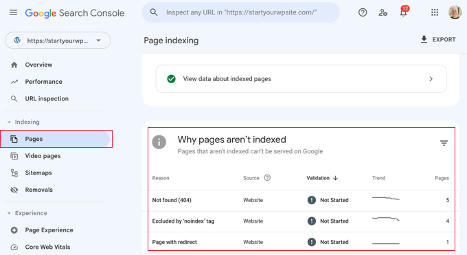Google Search Console 中的页面报告