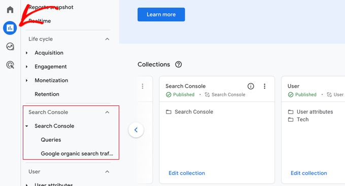 Google Analytics 导航菜单中的 Search Console 报告