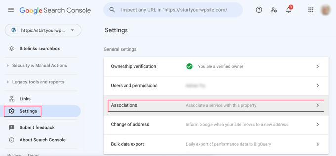 Search Console 设置中的关联