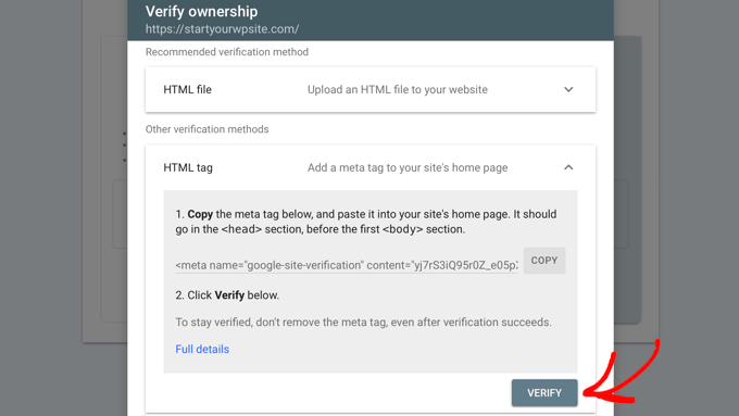 在 Google Search Console 中点击验证按钮