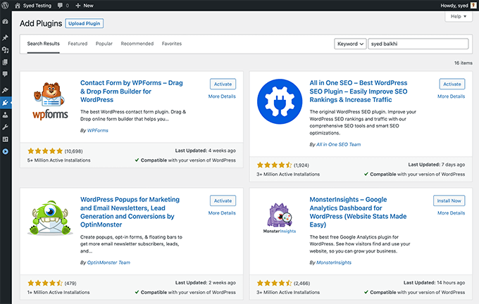 WordPress 插件仪表盘，展示了 Syed Balkhi 的插件