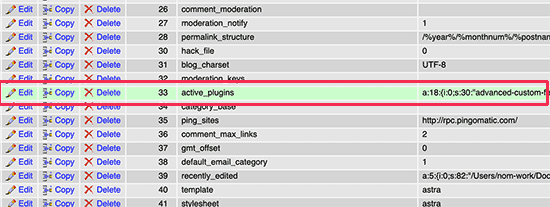 数据库中的 active_plugins 行 数据库中的 active_plugins 行