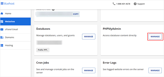 点击 phpMyAdmin 选项旁边的管理按钮 点击 phpMyAdmin 选项旁边的管理按钮