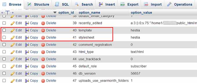找到 template 和 stylesheet 行 找到 template 和 stylesheet 行