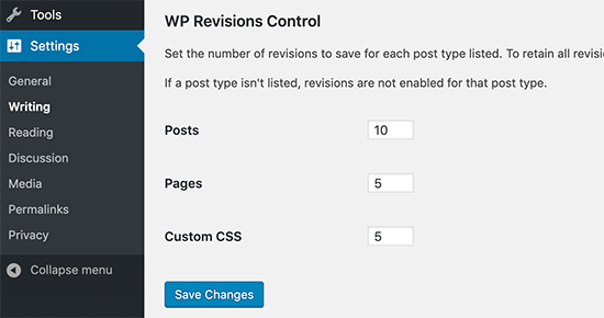 WP Revisions Control 设置 WP Revisions Control 设置