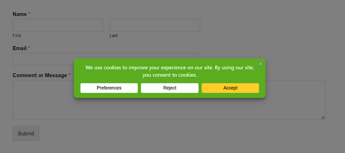 使用 WPConsent 创建的 cookie 同意弹窗示例