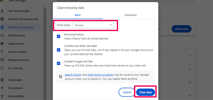 在 Google Chrome 中选择要删除的缓存数据 Select cached data to delete in Google Chrome
