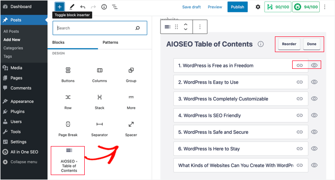 在文章或页面中添加AIOSEO目录块