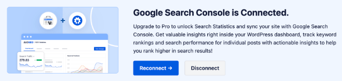 AIOSEO 中“Google Search Console 已连接”的确认信息