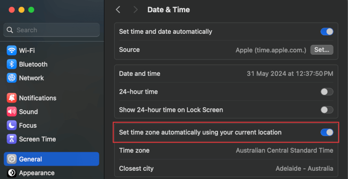 在 Mac 上选择自动时间设置 Select automatic time settings on Mac