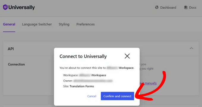 点击Universally设置中的Confirm and connect按钮