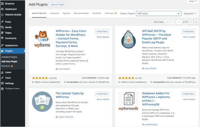 WPForms 插件搜索结果