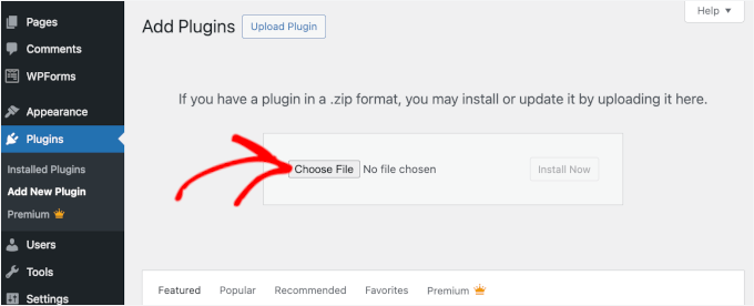 选择插件 zip 文件上传并安装到 WordPress