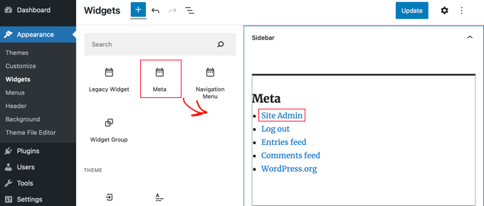 将 Meta 小工具添加到侧边栏