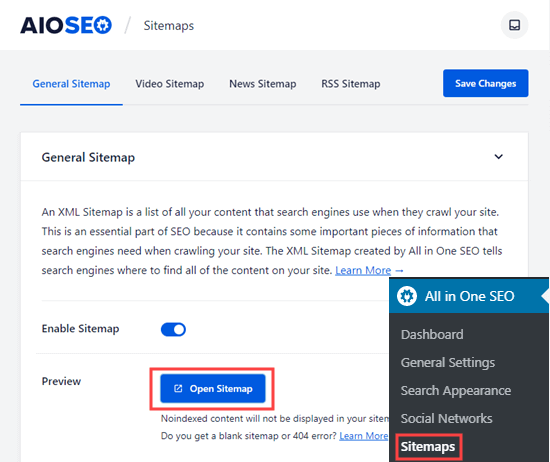 点击按钮打开 All in One SEO 自动生成的站点地图 点击按钮打开 All in One SEO 自动生成的站点地图