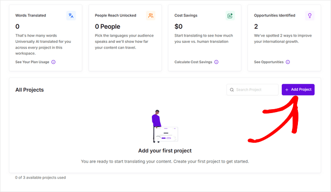 从Universally仪表盘点击Add Project