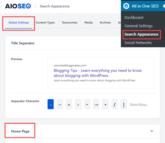 All in One SEO 搜索外观设置中的首页部分