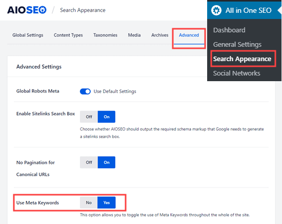 在 All in One SEO 中打开元关键词选项