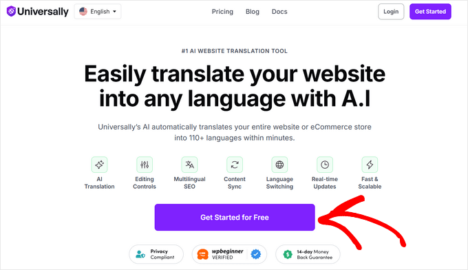 点击Universally网站上的Get Started for Free按钮