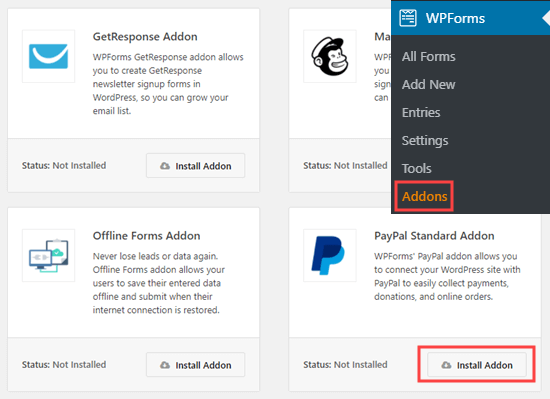 在 WPForms 中安装 PayPal Standard 插件 在 WPForms 中安装 PayPal Standard 插件