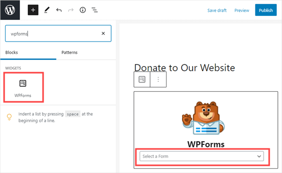 创建 WPForms 区块并选择表单 创建 WPForms 区块并选择表单