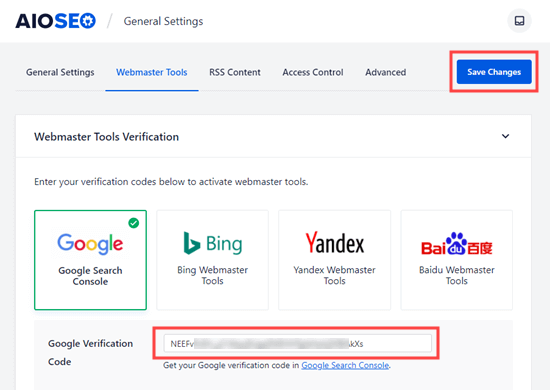 在 All in One SEO 中输入 Google 验证码(来自 HTML meta 标签) 在 All in One SEO 中输入 Google 验证码(来自 HTML meta 标签)
