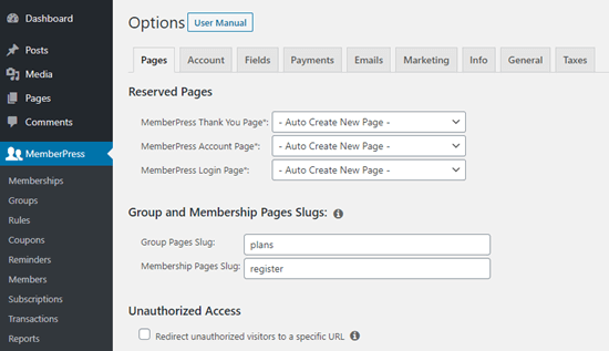 MemberPress 的部分设置选项 MemberPress 的部分设置选项